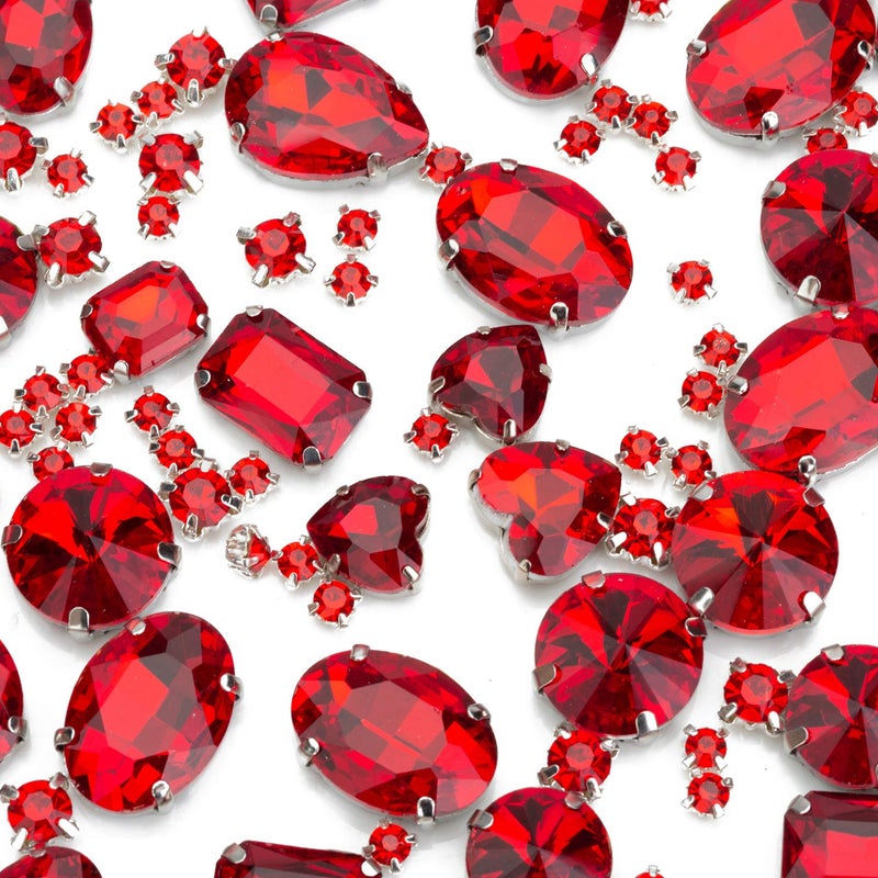 Choupee Sew On Rhinestones, Choupee 130PCS Red Sew On Stone Metal Back Prong Setting Sewing Claw Rhinestone Mix Shapes Sew On Glass Gems for Jewelry, Clothes, Costume, Shoes, Belt, Dress, Garments and Crafts - Image 1
